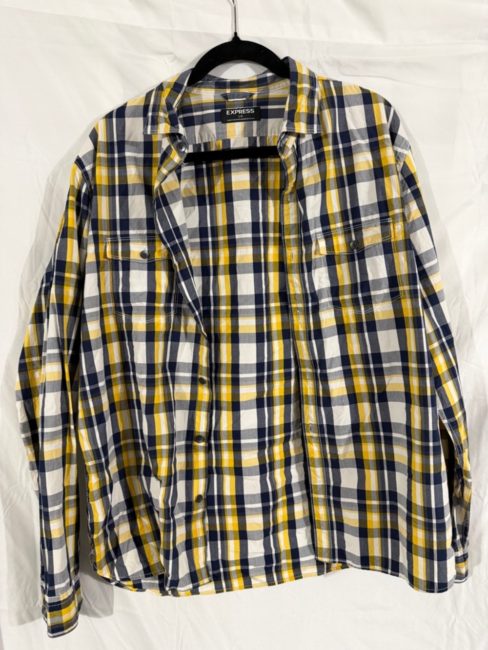 Express Men's Large Plaid Button Down Shirt Yellow Blue Gray Long Sleeve